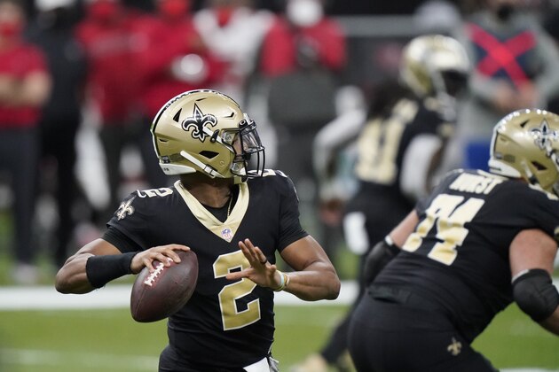 New Orleans Saints quarterback Jameis Winston (2) works in the pocket against the Tampa Bay Buccaneers during the first half of an NFL divisional round playoff football game, Sunday, Jan. 17, 2021, in New Orleans. (AP Photo/Brynn Anderson)