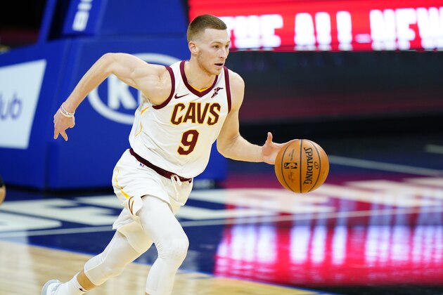 Cleveland Cavaliers' Dylan Windler plays during an NBA basketball game against the Philadelphia 76ers, Saturday, Feb. 27, 2021, in Philadelphia. (AP Photo/Matt Slocum)