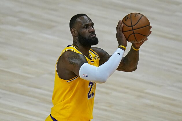 Los Angeles Lakers forward LeBron James (23) shoots a foul shot in the second half during an NBA basketball game against the Utah Jazz Wednesday, Feb. 24, 2021, in Salt Lake City. (AP Photo/Rick Bowmer)