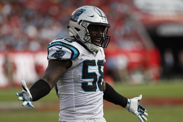 Carolina Panthers outside linebacker Thomas Davis (58) during the second half of an NFL football game against the Tampa Bay Buccaneers Sunday, Dec. 2, 2018, in Tampa, Fla. (AP Photo/Mark LoMoglio)