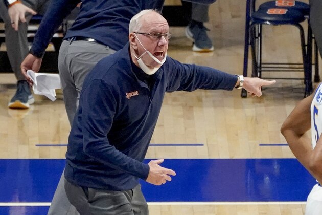 Syracuse head coach Jim Boeheim complains to an official as his team plays against Pittsburgh during the first half of an NCAA college basketball game, Saturday, Jan. 16, 2021, in Pittsburgh. Pittsburgh won 96-76. (AP Photo/Keith Srakocic)