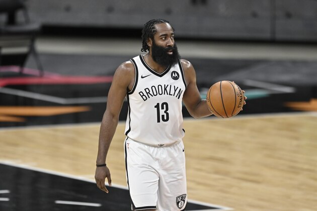 Brooklyn Nets' James Harden walks up the court during the second half of an NBA basketball game against the San Antonio Spurs, Monday, March 1, 2021, in San Antonio. Brooklyn won 124-113. (AP Photo/Darren Abate)