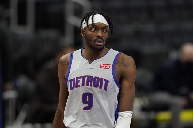 Detroit Pistons forward Jerami Grant plays during the first half of an NBA basketball game, Friday, Feb. 26, 2021, in Detroit. (AP Photo/Carlos Osorio)
