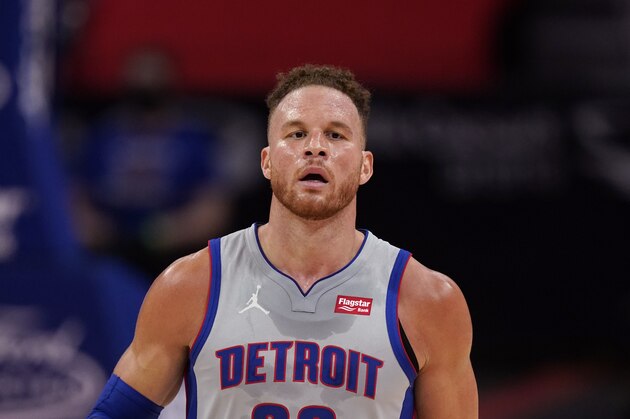 Detroit Pistons forward Blake Griffin plays during the second half of an NBA basketball game, Thursday, Feb. 11, 2021, in Detroit. (AP Photo/Carlos Osorio)