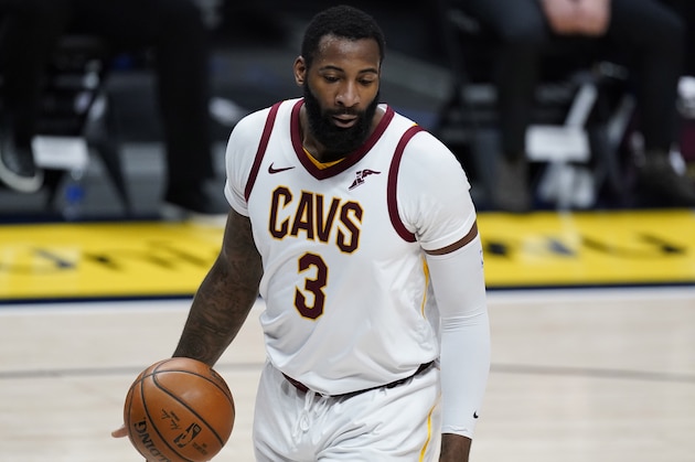 Cleveland Cavaliers center Andre Drummond (3) in the first half of an NBA basketball game Wednesday, Feb. 10, 2021, in Denver. (AP Photo/David Zalubowski)