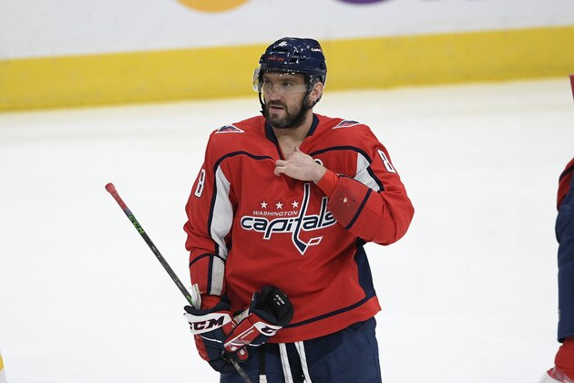 Washington Capitals left wing Alex Ovechkin (8), of Russia, stands on the ice during the second period of an NHL hockey game against the Pittsburgh Penguins, Thursday, Feb. 25, 2021, in Washington. (AP Photo/Nick Wass)