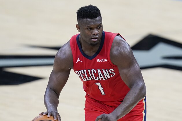 New Orleans Pelicans forward Zion Williamson (1) during the second half of an NBA basketball game against the San Antonio Spurs in San Antonio, Saturday, Feb. 27, 2021. (AP Photo/Eric Gay)