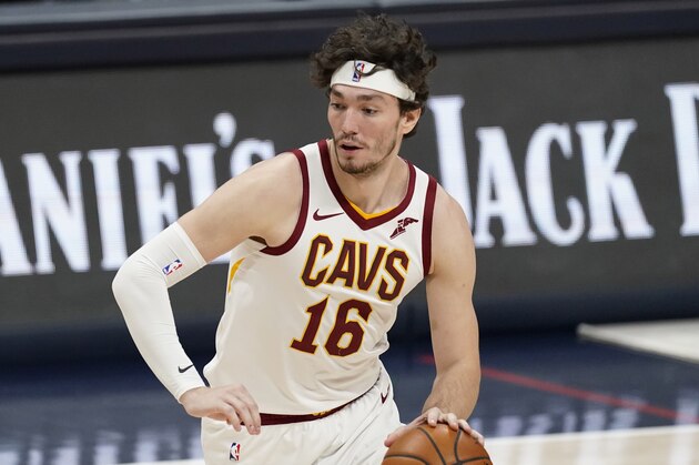Cleveland Cavaliers forward Cedi Osman (16) in the second half of an NBA basketball game Wednesday, Feb. 10, 2021, in Denver. The Nuggets won 133-95. (AP Photo/David Zalubowski)