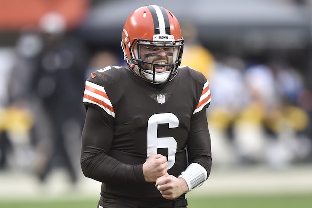 Cleveland Browns quarterback Baker Mayfield celebrates a touchdown pass in the third quarter of an NFL football game against the Pittsburgh Steelers, Sunday, Jan. 3, 2021, in Cleveland. The Browns won 24-22. (AP Photo/David Richard)