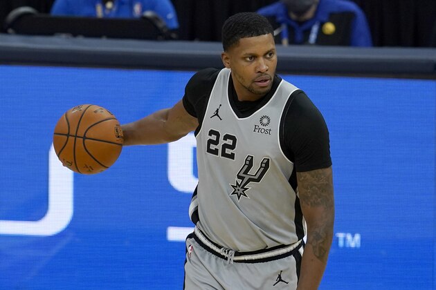 San Antonio Spurs forward Rudy Gay dribbles against the Golden State Warriors during the second half of an NBA basketball game in San Francisco, Wednesday, Jan. 20, 2021. (AP Photo/Jeff Chiu)