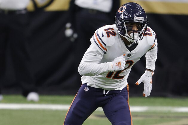 Chicago Bears wide receiver Allen Robinson (12) during an NFL wild-card playoff football game against the New Orleans Saints, Sunday, Jan. 10, 2021, in New Orleans. The Saints defeated the Bears 21-9. (AP Photo/Tyler Kaufman)