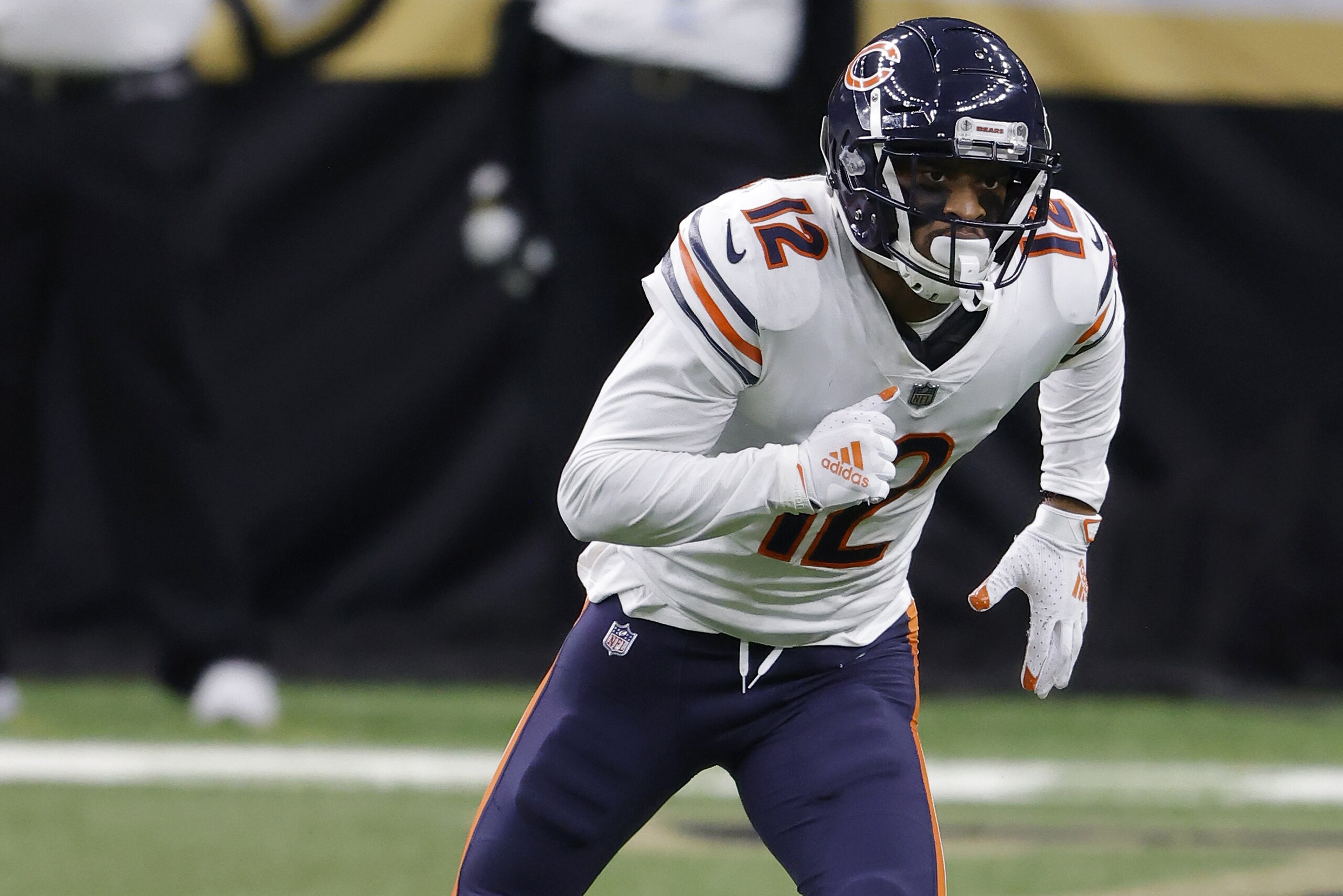 Chicago Bears wide receiver Allen Robinson (12) during an NFL wild-card playoff football game against the New Orleans Saints, Sunday, Jan. 10, 2021, in New Orleans. The Saints defeated the Bears 21-9. (AP Photo/Tyler Kaufman)