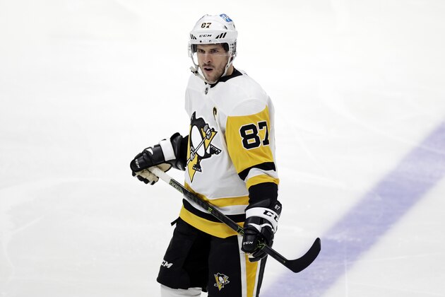 Pittsburgh Penguins center Sidney Crosby (87)reacts during a break in action against the New York Islanders during the second period of an NHL hockey game, Saturday, Feb. 27, 2021, in Uniondale, N.Y. (AP Photo/Adam Hunger) Pittsburgh Penguins center Sidney Crosby (87)reacts during a break in action against the New York Islanders during the second period of an NHL hockey game, Saturday, Feb. 27, 2021, in Uniondale, N.Y. (AP Photo/Adam Hunger)