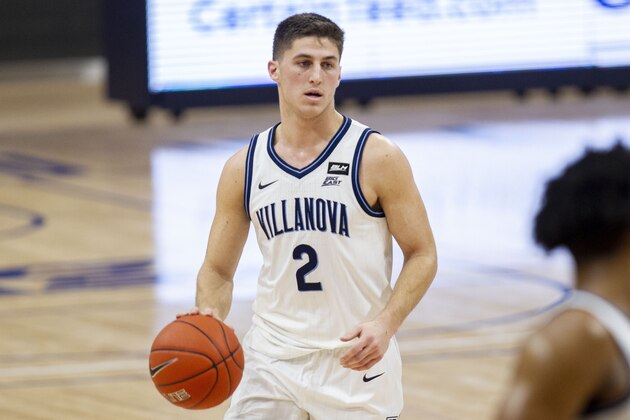 Villanova guard Collin Gillespie (2) in action during an NCAA college basketball game against Creighton, Wednesday, March 3, 2021, in Villanova, Pa. (AP Photo/Laurence Kesterson)