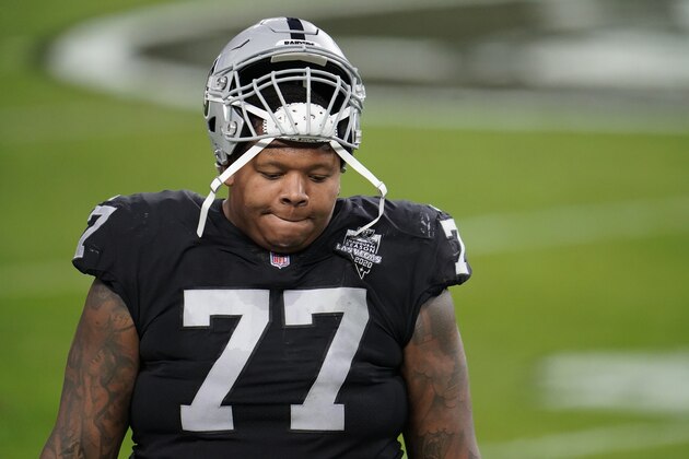 Las Vegas Raiders offensive tackle Trent Brown #77 reacts after a touchdown by Indianapolis Colts safety Khari Willis #37 during the second half of an NFL football game, Sunday, Dec. 13, 2020, in Las Vegas. (AP Photo/Jeff Bottari)