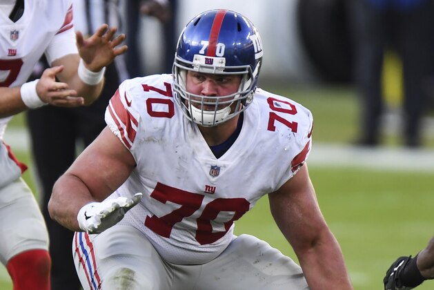New York Giants guard Kevin Zeitler (70) in action during the second half of an NFL football game against the Baltimore Ravens, Sunday, Dec. 27, 2020, in Baltimore. (AP Photo/Terrance Williams)