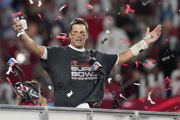Tampa Bay Buccaneers quarterback Tom Brady celebrates after defeating the Kansas City Chiefs in the NFL Super Bowl 55 football game Sunday, Feb. 7, 2021, in Tampa, Fla. The Buccaneers defeated the Chiefs 31-9 to win the Super Bowl. (AP Photo/Ashley Landis)