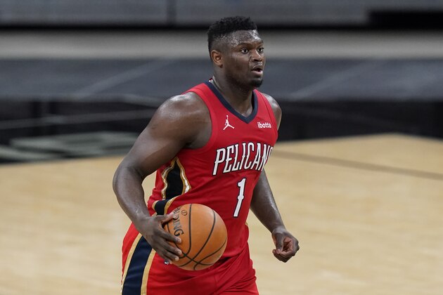 New Orleans Pelicans forward Zion Williamson (1) during the second half of an NBA basketball game against the San Antonio Spurs in San Antonio, Saturday, Feb. 27, 2021. (AP Photo/Eric Gay)