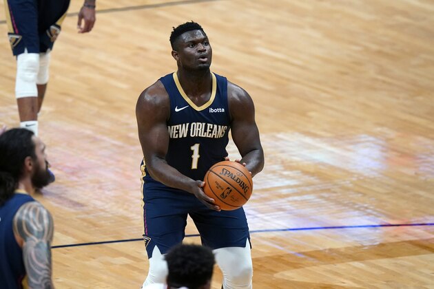 New Orleans Pelicans forward Zion Williamson (1) shoots a free throw in the first half of an NBA basketball game against the Chicago Bulls in New Orleans, Wednesday, March 3, 2021. (AP Photo/Gerald Herbert)
