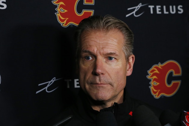 Calgary Flames Associate Coach Geoff Ward addresses the media following a NHL hockey practice Tuesday, Nov. 26, 2019, in Buffalo, N.Y. (AP Photo/Jeffrey T. Barnes)