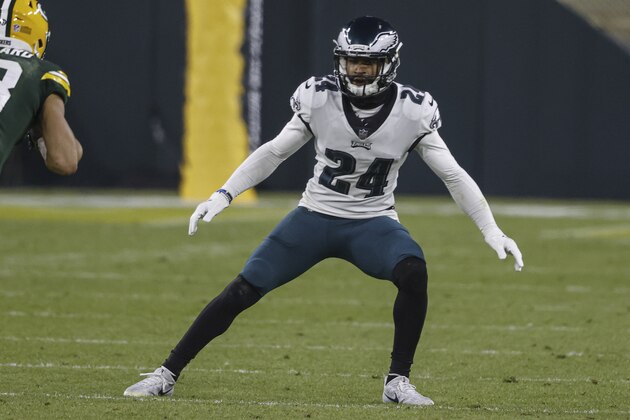 Philadelphia Eagles cornerback Darius Slay (24) during an NFL football game, Sunday, Dec 6. 2020, between the Philadelphia Eagles and Green Bay Packers in Green Bay, Wis. (AP Photo/Jeffrey Phelps)