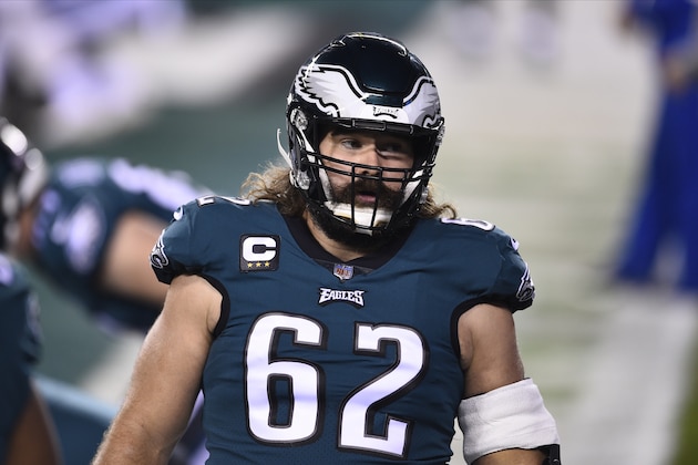Philadelphia Eagles' Jason Kelce walks the field before an NFL football game against the Seattle Seahawks, Monday, Nov. 30, 2020, in Philadelphia. (AP Photo/Derik Hamilton)