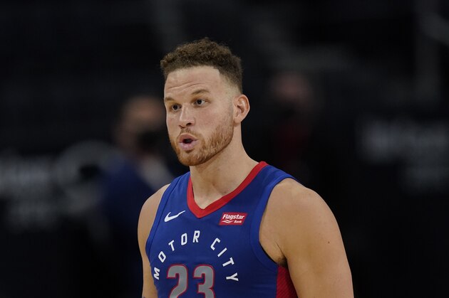 Detroit Pistons forward Blake Griffin plays during the first half of an NBA basketball game, Tuesday, Feb. 9, 2021, in Detroit. (AP Photo/Carlos Osorio)