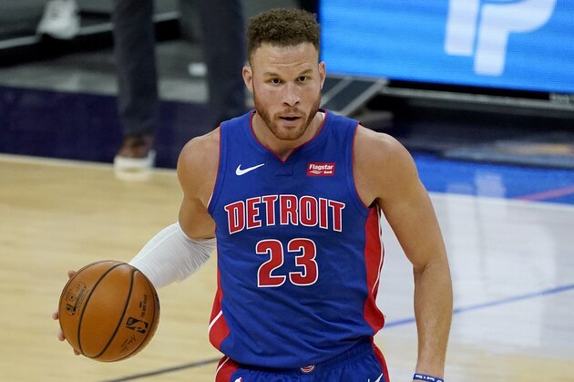 Detroit Pistons forward Blake Griffin (23) against the Phoenix Suns during the first half of an NBA basketball game, Friday, Feb. 5, 2021, in Phoenix. (AP Photo/Matt York)