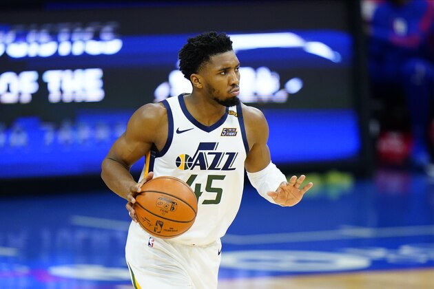 Utah Jazz's Donovan Mitchell plays during an NBA basketball game against the Philadelphia 76ers, Wednesday, March 3, 2021, in Philadelphia. (AP Photo/Matt Slocum)
