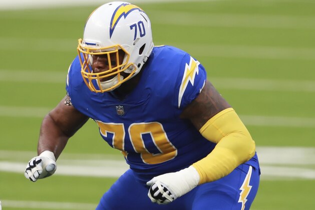 Los Angeles Chargers offensive guard Trai Turner (70) blocks during an NFL football game against the Atlanta Falcons, Sunday, December 13, 2020, in Inglewood, Calif. (AP Photo/Peter Joneleit)