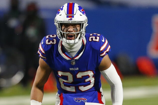 Buffalo Bills strong safety Micah Hyde (23) during the second half of an NFL divisional round football game against the Baltimore Ravens Saturday, Jan. 16, 2021, in Orchard Park, N.Y. (AP Photo/Jeffrey T. Barnes)