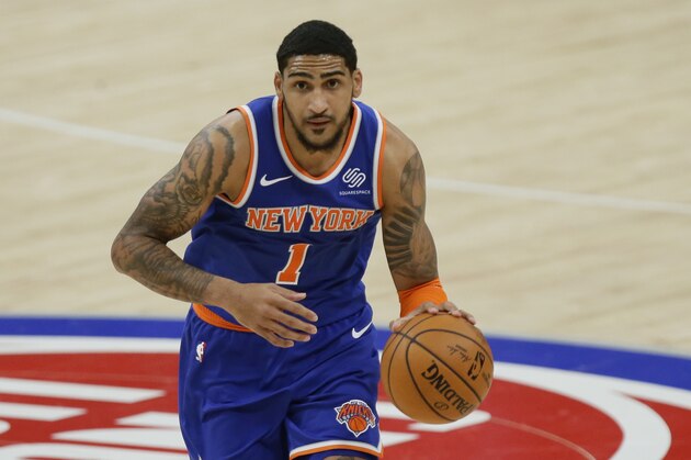 New York Knicks forward Obi Toppin (1) drives up court against the Detroit Pistons during the second half of an NBA basketball game Sunday, Dec. 13, 2020, in Detroit. (AP Photo/Duane Burleson)