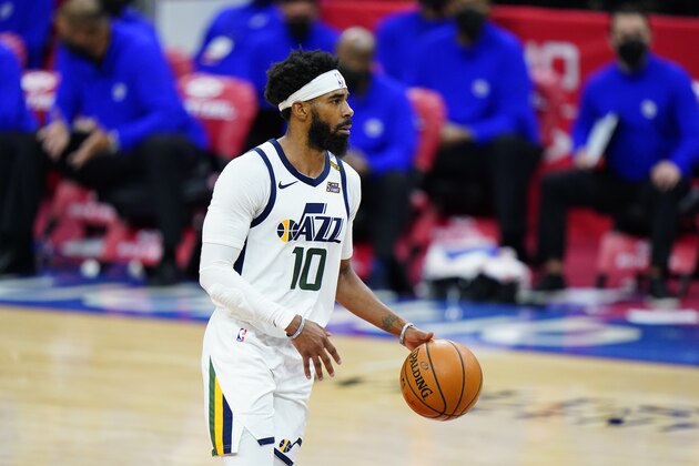 Utah Jazz's Mike Conley plays during an NBA basketball game against the Philadelphia 76ers, Wednesday, March 3, 2021, in Philadelphia. (AP Photo/Matt Slocum)