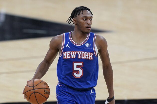 New York Knicks guard Immanuel Quickley (5) during the second half of an NBA basketball game against the San Antonio Spurs in San Antonio, Tuesday, March 2, 2021. (AP Photo/Eric Gay)