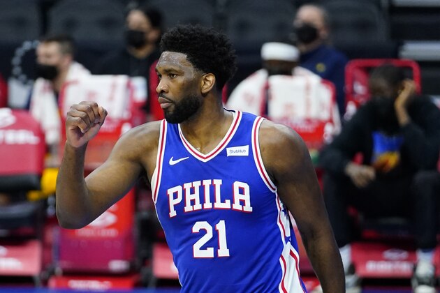 Philadelphia 76ers' Joel Embiid reacts after a basket during the second half of an NBA basketball game against the Indiana Pacers, Monday, March 1, 2021, in Philadelphia. (AP Photo/Matt Slocum)