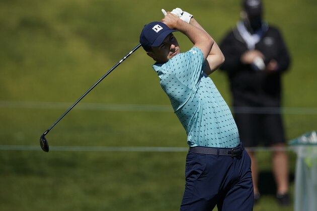 Jordan Spieth tees off on the 10th hole during the final round of the Genesis Invitational golf tournament at Riviera Country Club, Sunday, Feb. 21, 2021, in the Pacific Palisades area of Los Angeles. (AP Photo/Ryan Kang)