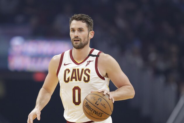 Cleveland Cavaliers' Kevin Love drives against the Miami Heat in the first half of an NBA basketball game, Monday, Feb. 24, 2020, in Cleveland. (AP Photo/Tony Dejak)