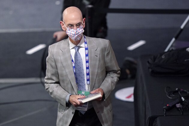 NBA Commissioner Adam Silver attends Game 2 of basketball's NBA Finals between the Los Angeles Lakers and the Miami Heat on Friday, Oct. 2, 2020, in Lake Buena Vista, Fla. (AP Photo/Mark J. Terrill)
