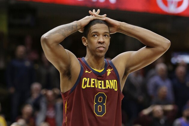 FILE - In this Nov. 5, 2017, file photo, Cleveland Cavaliers' Channing Frye reacts during an NBA basketball game against the Atlanta Hawks, in Cleveland. A person familiar with direct knowledge of the trade says the Cavaliers are dealing guard Isaiah Thomas to the Los Angeles Lakers. The person spoke to The Associated Press on condition of anonymity Thursday, Feb. 8, 2018, because the teams need NBA approval before the trade can be completed. The person adds that Cleveland is also sending forward Channing Frye and one of their two first-round draft picks to the Lakers for point guard Jordan Clarkson and forward Larry Nance Jr. (AP Photo/Tony Dejak, File)