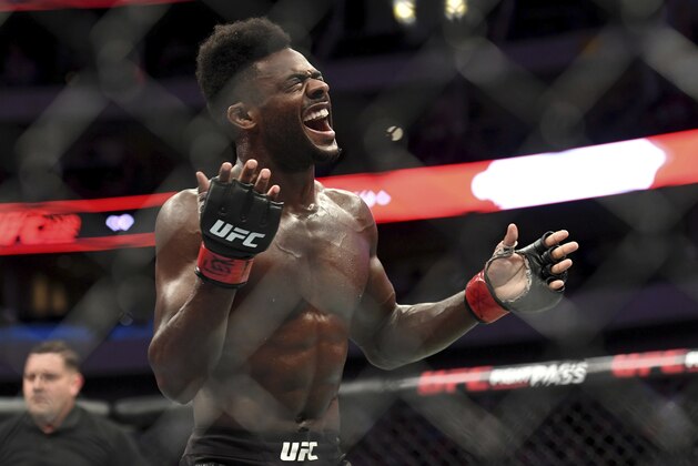 Aljamain Sterling celebrates after defeating Cody Stamann in their bantamweight mixed martial arts bout at UFC 228 on Saturday, Sept. 8, 2018, in Dallas. (AP Photo/Jeffrey McWhorter)