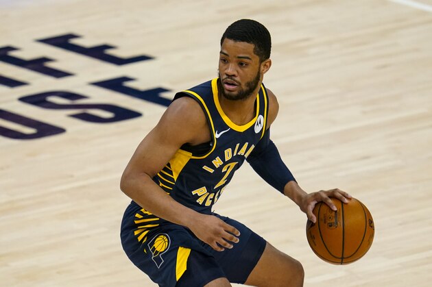 Indiana Pacers guard Cassius Stanley (2) plays against the Toronto Raptors during the first half of an NBA basketball game in Indianapolis, Monday, Jan. 25, 2021. (AP Photo/Michael Conroy)