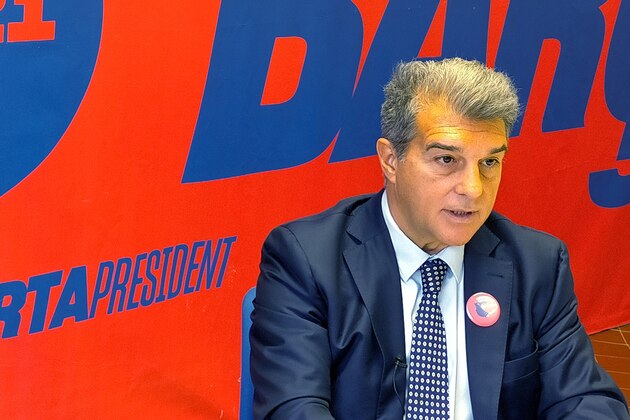 Joan Laporta, former president and pre candidate to presidency of FC Barcelona, speaks during an interview for The Associated Press in Barcelona, Spain, Sunday, Dec. 27, 2020.  Laporta is one of a handful of candidates who hope to become Barcelona’s next president in an election called for Jan. 24, and he believes he is the best man to convince Lionel Messi to stay put at Camp Nou.  (AP Photo/Hernan Muñoz)