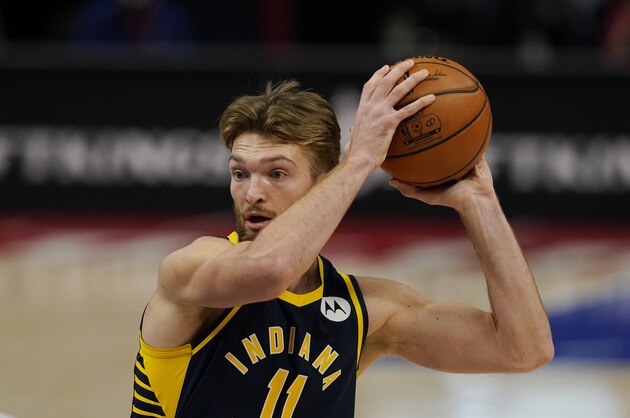 Indiana Pacers forward Domantas Sabonis plays during the first half of an NBA basketball game, Thursday, Feb. 11, 2021, in Detroit. (AP Photo/Carlos Osorio)