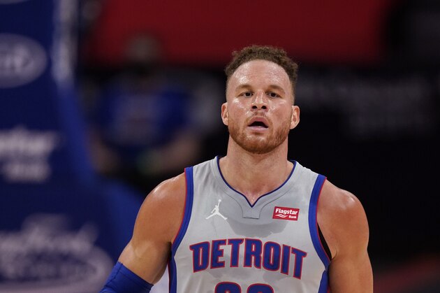 Detroit Pistons forward Blake Griffin plays during the second half of an NBA basketball game, Thursday, Feb. 11, 2021, in Detroit. (AP Photo/Carlos Osorio)