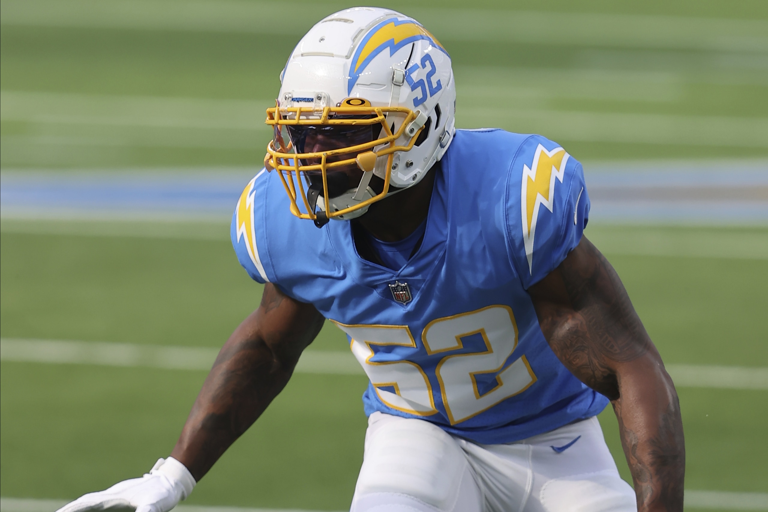Los Angeles Chargers middle linebacker Denzel Perryman (52)) defends during an NFL football game against the Denver Broncos, Sunday, December 27, 2020, in Inglewood, Calif. (AP Photo/Peter Joneleit)