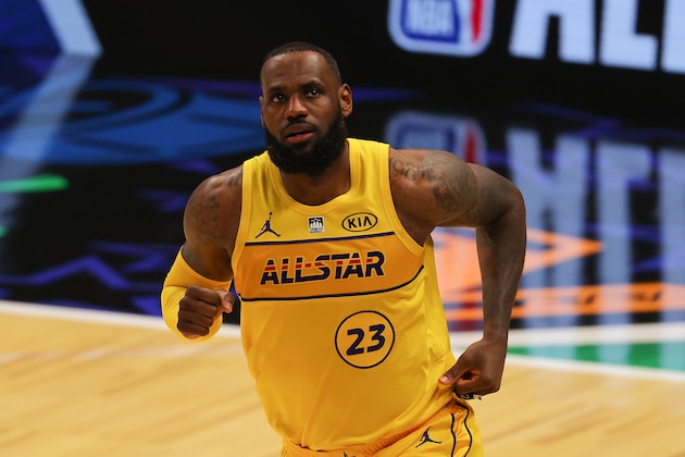 Los Angeles Lakers forward LeBron James celebrates during the first half of basketball's NBA All-Star Game in Atlanta, Sunday, March 7, 2021. (AP Photo/Brynn Anderson)