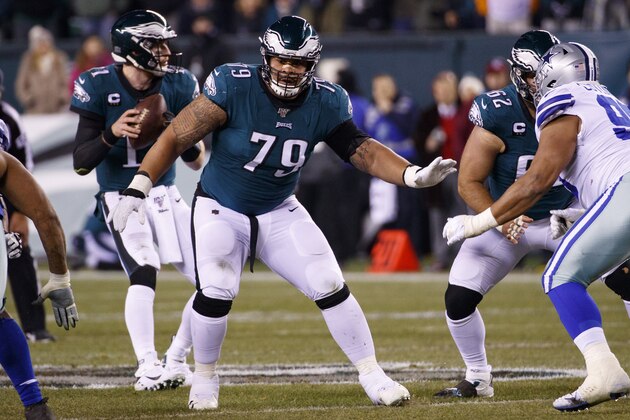 Philadelphia Eagles offensive guard Brandon Brooks (79) in action during the NFL football game against the Dallas Cowboys, Sunday, Dec. 22, 2019, in Philadelphia. The Eagles won 17-9. (AP Photo/Chris Szagola)