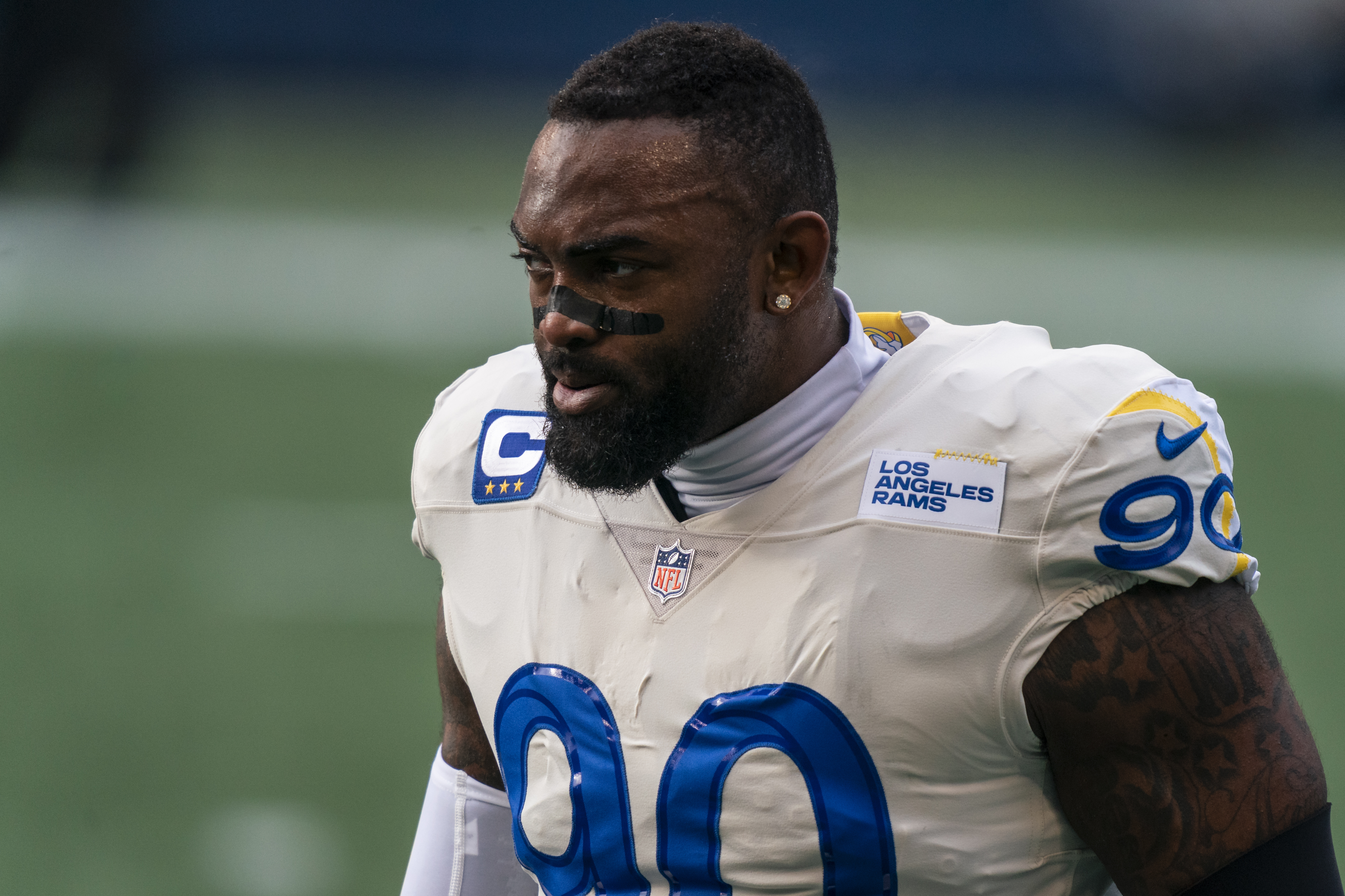 Defensive lineman Michael Brockers is pictured before an NFL football game against the Seattle Seahawks, Sunday, Dec. 27, 2020, in Seattle. The Seahawks won 20-9. (AP Photo/Stephen Brashear)