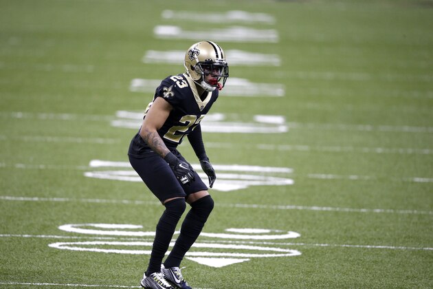 New Orleans Saints cornerback Marshon Lattimore (23) lines up for a play in the first half of an NFL wild-card playoff football game against the Chicago Bears in New Orleans, Sunday, Jan. 10, 2021. (AP Photo/Butch Dill)