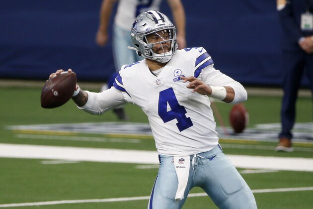 Dallas Cowboys quarterback Dak Prescott (4) throws against the Cleveland Browns during an NFL Football game in Arlington, Texas, Sunday, Oct. 4, 2020. (AP Photo/Michael Ainsworth)